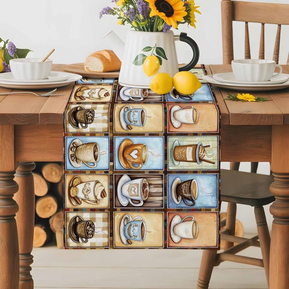 Burlap Table Runner 36 Inches Long, Watercolor Retro Coffee Theme Non-Slip Kitchen Table Runners for Dining Room Everyday Use Party Table Decorations Aromatic Hot Drinks Plaid