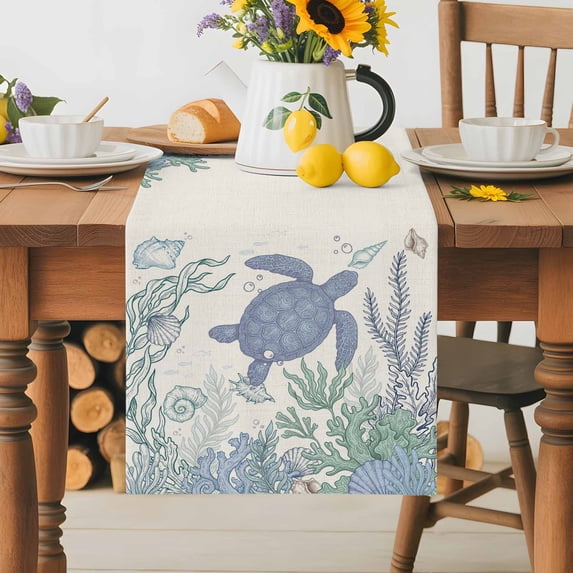 Burlap Table Runner 36 Inches Long, Watercolor Sea Turtle Seaweed Coral Non-Slip Kitchen Table Runners for Dining Room Everyday Use Party Table Decorations Ocean Theme on Beige