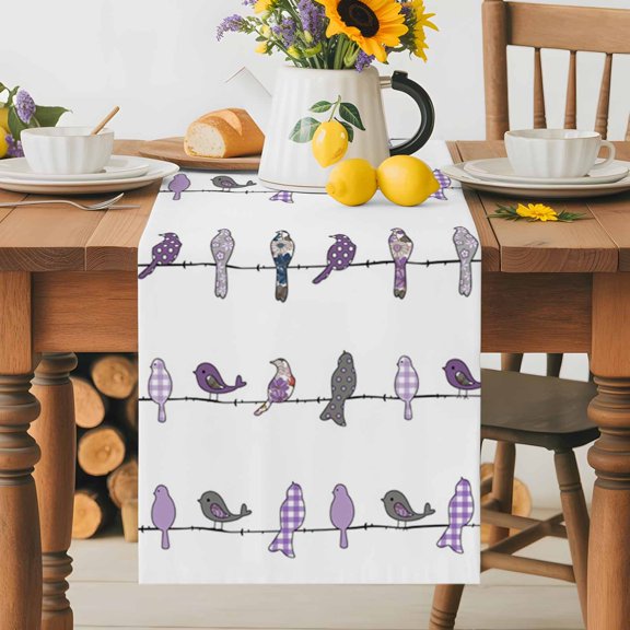 Burlap Table Runner 36 Inches Long, Watercolor Seamless Birds on Lines Non-Slip Kitchen Table Runners for Dining Room Everyday Use Party Table Decorations Polka Dot Lattice Flower on White