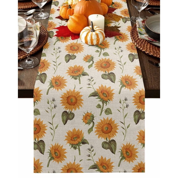 Burlap Table Runner 36 Inches Long,Watercolor Sunflower Green Plant Non-Slip Kitchen Table Runners for Dining Room Everyday Use Party Table Decorations Blossom Floral Vintage Linen