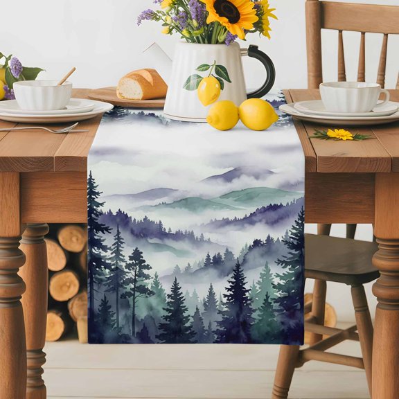 Burlap Table Runner 36 Inches Long,Watercolor Tree Mountain Clouds Non-Slip Kitchen Table Runners for Dining Room Everyday Use Party Table Decorations Purple Green Forest Scenery