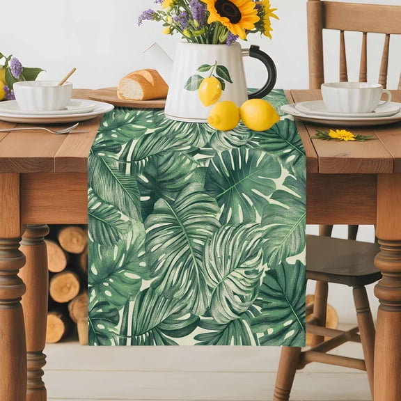 Burlap Table Runner 36 Inches Long, Watercolor Tropical Plant Leaf Non-Slip Kitchen Table Runners for Dining Room Everyday Use Party Table Decorations Green Botanical Palm Leaves