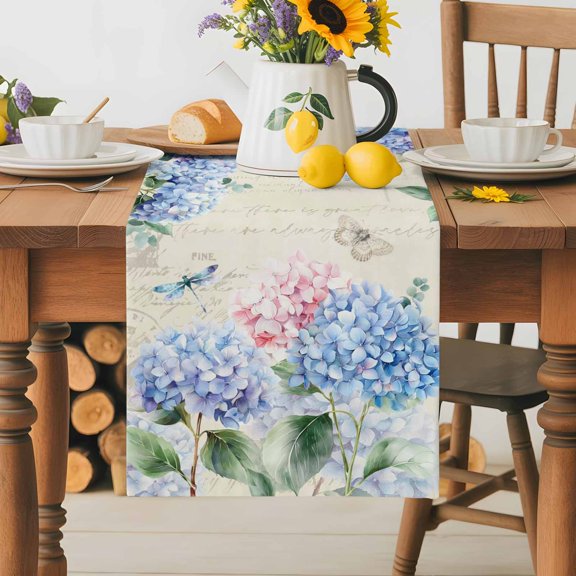 Burlap Table Runner 36 Inches Long,Watercolors Blue Pink Embroidered Balloons Non-Slip Kitchen Table Runners for Dining Room Everyday Use Party Table Decorations Vintage Flowers