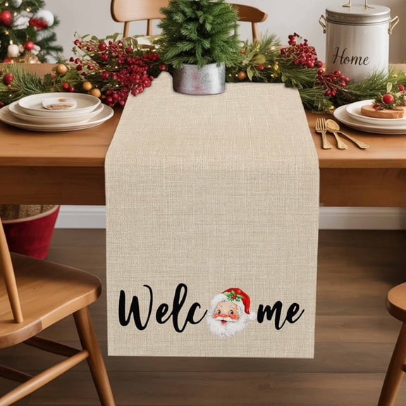 Burlap Table Runner 36 Inches Long,Welcome Words on Linen Non-Slip Kitchen Table Runners for Dining Room Everyday Use Party Table Decorations Vintage Santa Claus