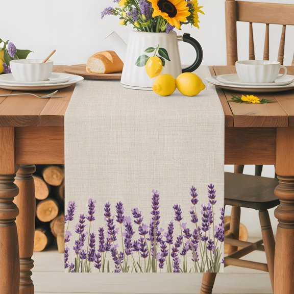 Burlap Table Runner 36 Inches Long, Welcome Words on Retro Linen Non-Slip Kitchen Table Runners for Dining Room Everyday Use Party Table Decorations Farm Purple Lavender