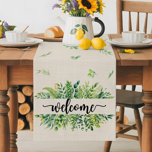 Burlap Table Runner 36 Inches Long, Welcome Words on Retro Linen Non-Slip Kitchen Table Runners for Dining Room Everyday Use Party Table Decorations Farmhouses Green Plants