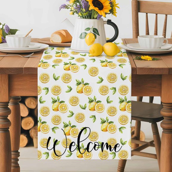 Burlap Table Runner 36 Inches Long, Welcome Words Summer Lemon Non-Slip Kitchen Table Runners for Dining Room Everyday Use Party Table Decorations Watercolor Pastoral Fuit