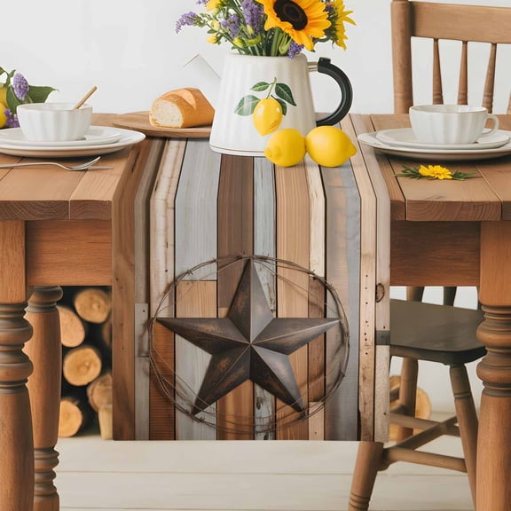 Burlap Table Runner 36 Inches Long,Western Star Farm Vintage Wood Board Non-Slip Kitchen Table Runners for Dining Room Everyday Use Party Table Decorations Country Stars