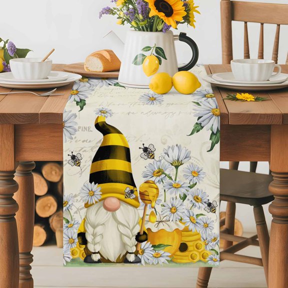 Burlap Table Runner 36 Inches Long, White Daisy Pastoral Gnome Bee Non-Slip Kitchen Table Runners for Dining Room Everyday Use Party Table Decorations Summer Honey Hive