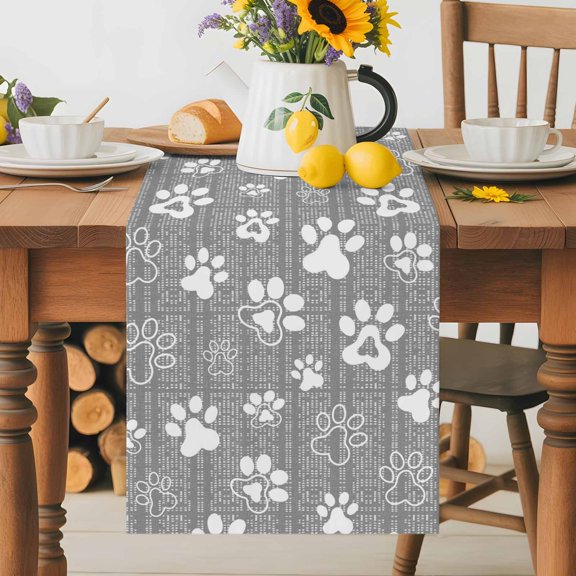 Burlap Table Runner 36 Inches Long, White Dog Paw Claws Non-Slip Kitchen Table Runners for Dining Room Everyday Use Party Table Decorations Gray Striped Background