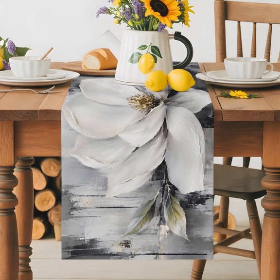 Burlap Table Runner 36 Inches Long, White Flowers on Black Gray Background Non-Slip Kitchen Table Runners for Dining Room Everyday Use Party Table Decorations Country Floral Art