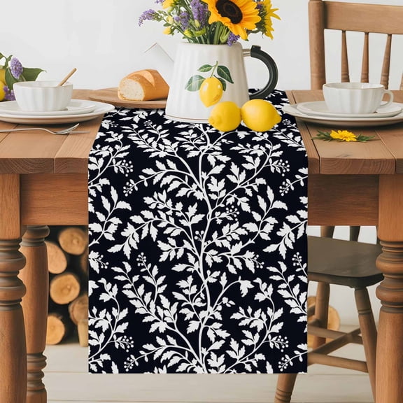 Burlap Table Runner 36 Inches Long, White Leaves Floral Seamless Non-Slip Kitchen Table Runners for Dining Room Everyday Use Party Table Decorations Overlay Botanical on Black