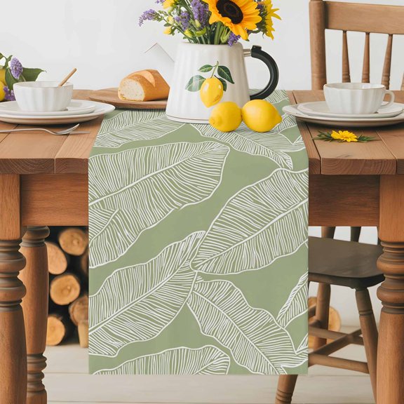 Burlap Table Runner 36 Inches Long, White Lines Tropical Palm Leaves Non-Slip Kitchen Table Runners for Dining Room Everyday Use Party Table Decorations Plant on Sage Green