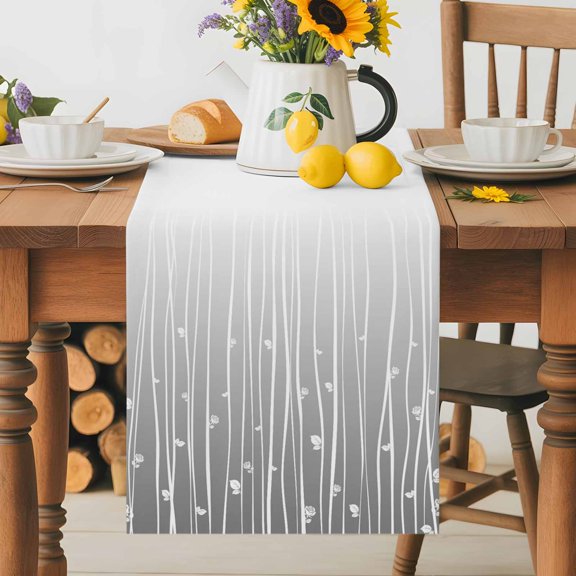 Burlap Table Runner 36 Inches Long, White Striped Roses Non-Slip Kitchen Table Runners for Dining Room Everyday Use Party Table Decorations Minimalist Gray Background