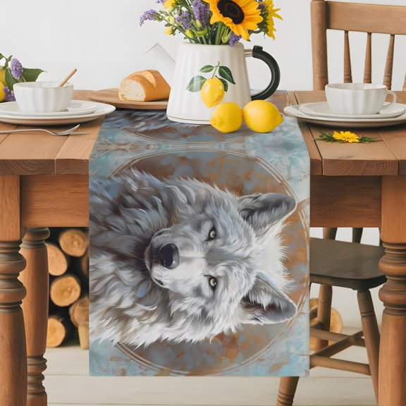 Burlap Table Runner 36 Inches Long, White Wolf Animal Cool Wildlife Blue Gradient Non-Slip Kitchen Table Runners for Dining Room Everyday Use Party Table Decorations Retro Floral