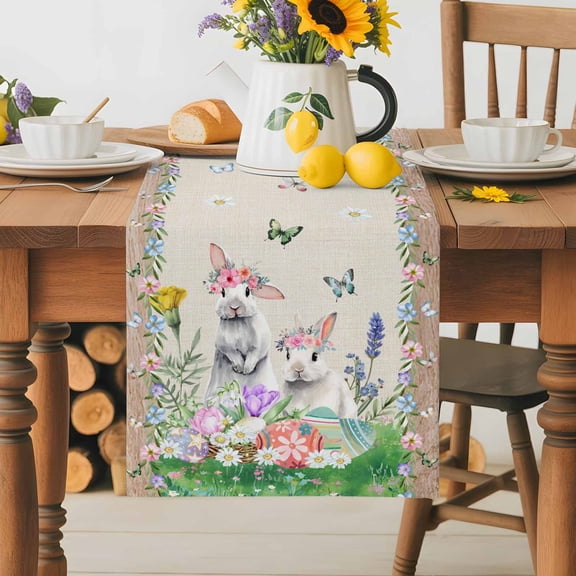 Burlap Table Runner 36 Inches Long,Wild Grey Animals Bunny with Easter Colored Egg Non-Slip Kitchen Table Runners for Dining Room Everyday Use Party Table Decorations Spring Grass