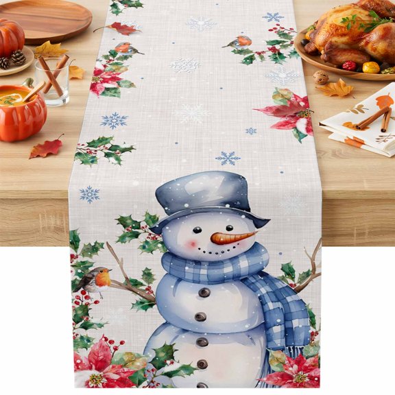 Burlap Table Runner 36 Inches Long, Winter Christmas Snowman Snowflake Non-Slip Kitchen Table Runners for Dining Room Everyday Use Party Table Decorations Poinsettia Holly Linen