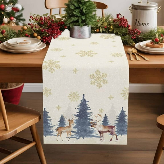 Burlap Table Runner 36 Inches Long,Winter Christmas Tree Reindeer Non-Slip Kitchen Table Runners for Dining Room Everyday Use Party Table Decorations Gold Snowflake on Beige