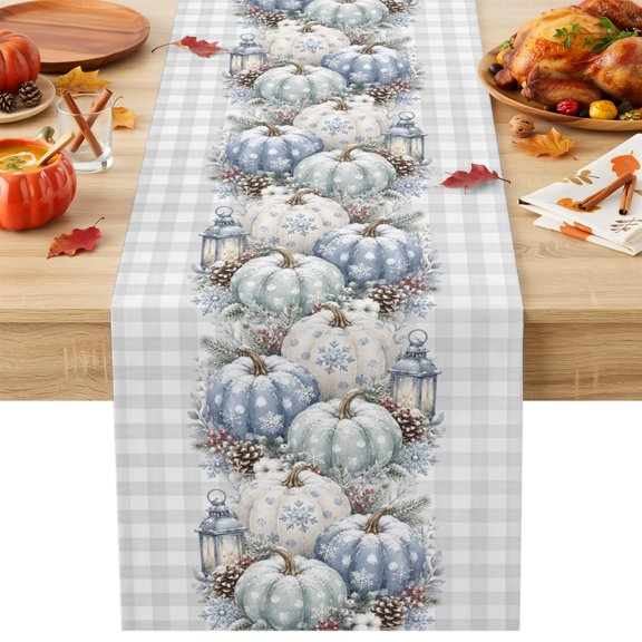 Burlap Table Runner 36 Inches Long, Winter Farm Pumpkins Non-Slip Kitchen Table Runners for Dining Room Everyday Use Party Table Decorations Gray White Plaid Background