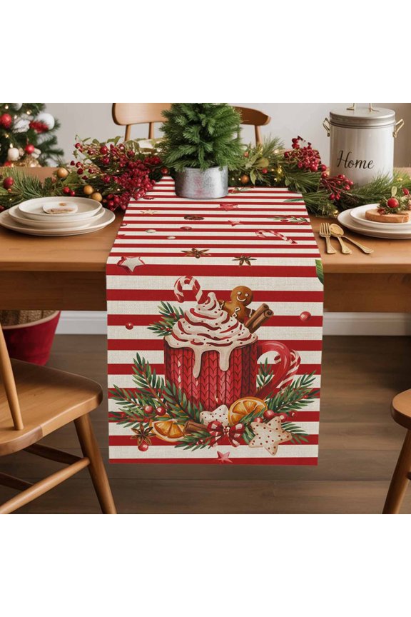 Burlap Table Runner 36 Inches Long,Winter Gingerbread Man in Cappuccino Non-Slip Kitchen Table Runners for Dining Room Everyday Use Party Table Decorations Red White Stripes