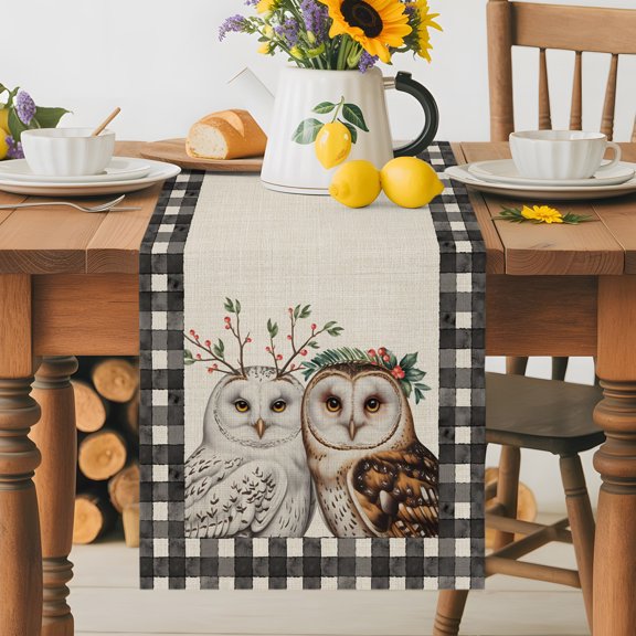 Burlap Table Runner 36 Inches Long, Winter Owls with Berry Leaf Non-Slip Kitchen Table Runners for Dining Room Everyday Use Party Table Decorations Retro Linen Buffalo Plaid