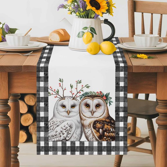 Burlap Table Runner 36 Inches Long, Winter Owls Christmas Berry Non-Slip Kitchen Table Runners for Dining Room Everyday Use Party Table Decorations Black White Checkered