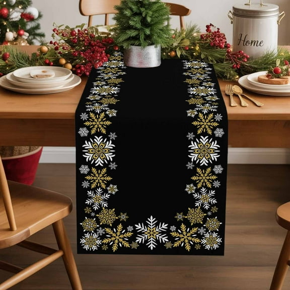 Burlap Table Runner 36 Inches Long,Winter Snowflake on Black Background Non-Slip Kitchen Table Runners for Dining Room Everyday Use Party Table Decorations Gold White Pattern