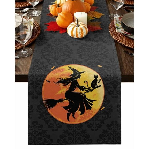 Burlap Table Runner 36 Inches Long,Witch Broom Halloween Night Moon Non-Slip Kitchen Table Runners for Dining Room Everyday Use Party Table Decorations Pumpkin Bat Black Damask Flower