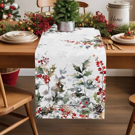 Burlap Table Runner 36 Inches Long,Xmas Holly Berries Green Leaves Winter Snow Non-Slip Kitchen Table Runners for Dining Room Everyday Use Party Table Decorations Watercolor Plants Grey