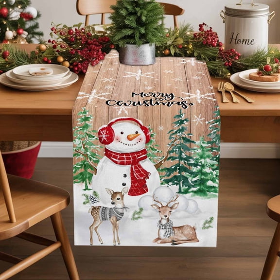 Burlap Table Runner 36 Inches Long,Xmas Snowman Reindeer Snowflake Non-Slip Kitchen Table Runners for Dining Room Everyday Use Party Table Decorations Pine Tree Retro Wood Grain