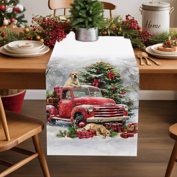 Burlap Table Runner 36 Inches Long,Xmas Tree Farm Red Truck Dog Non-Slip Kitchen Table Runners for Dining Room Everyday Use Party Table Decorations Winter Holly Berries White Snowflakes