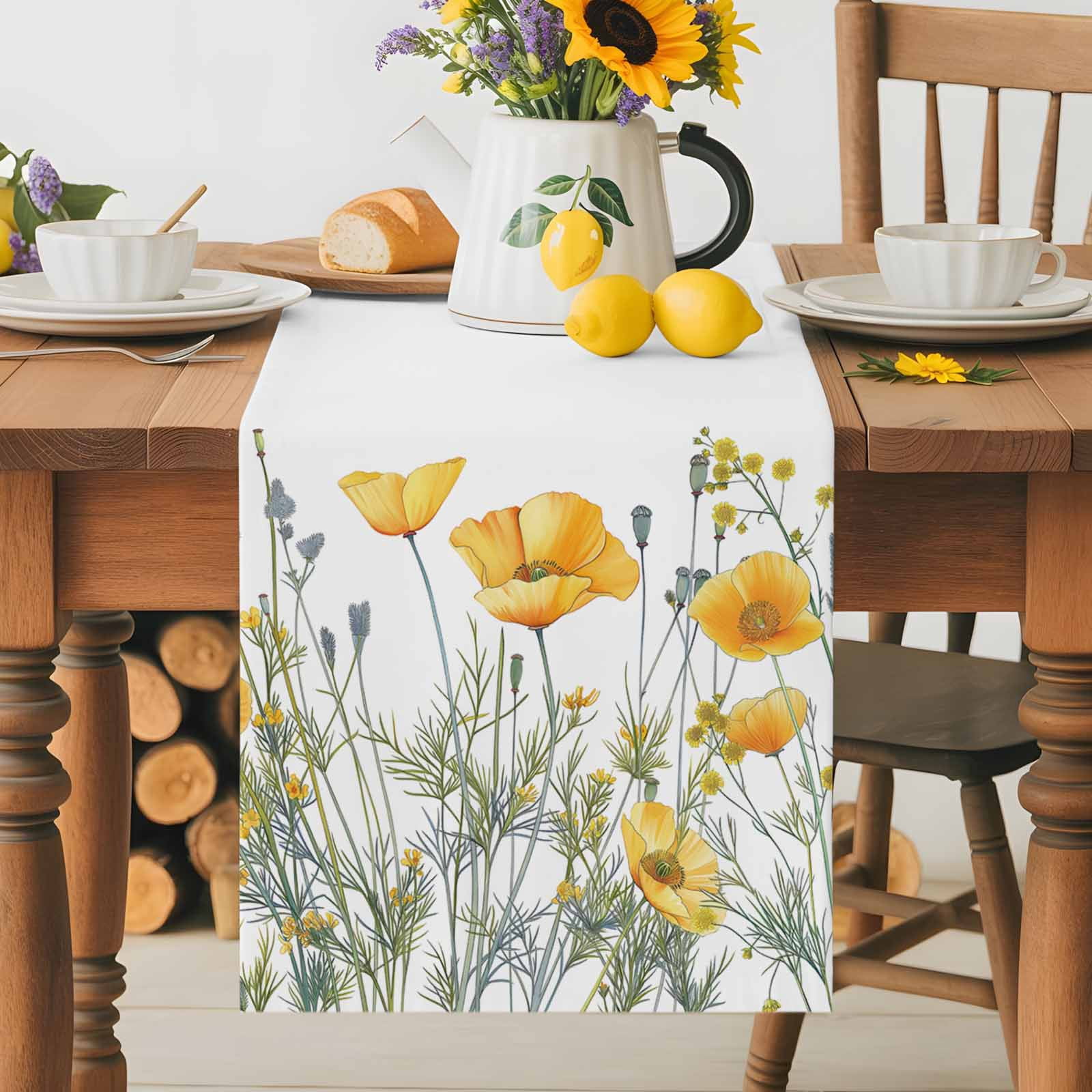Burlap Table Runner 36 Inches Long, Yellow Blossom Poppy Flower Leaves ...