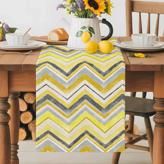 Burlap Table Runner 36 Inches Long, Yellow Gray Gradient Zigzag Stripe Non-Slip Kitchen Table Runners for Dining Room Everyday Use Party Table Decorations Nordic Style Abstract Art