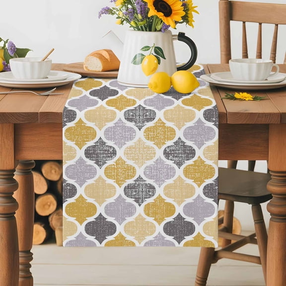 Burlap Table Runner 36 Inches Long,Yellow Grey Retro Moroccan Pattern Non-Slip Kitchen Table Runners for Dining Room Everyday Use Party Table Decorations Abstract Geometric Art