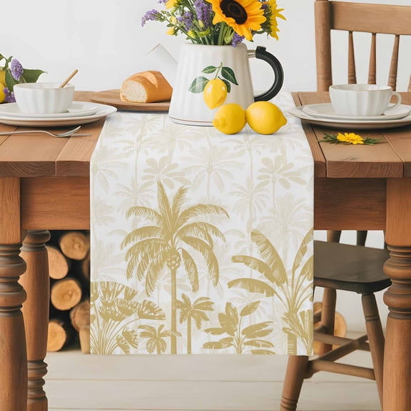 Burlap Table Runner 36 Inches Long, Yellow Tropics Palm Trees Non-Slip Kitchen Table Runners for Dining Room Everyday Use Party Table Decorations Abstract Plant Leaves