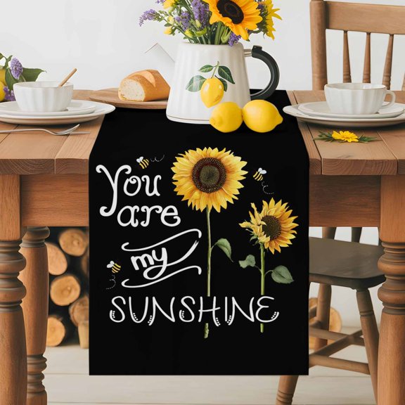 Burlap Table Runner 36 Inches Long, You Are My Sunshine Words on Black Non-Slip Kitchen Table Runners for Dining Room Everyday Use Party Table Decorations Sunflowers Bee