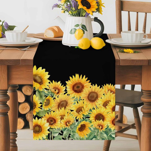 Burlap Table Runner 36 Inches Long, You Are My Sunshine Words on Black Non-Slip Kitchen Table Runners for Dining Room Everyday Use Party Table Decorations Watercolor Sunflowers
