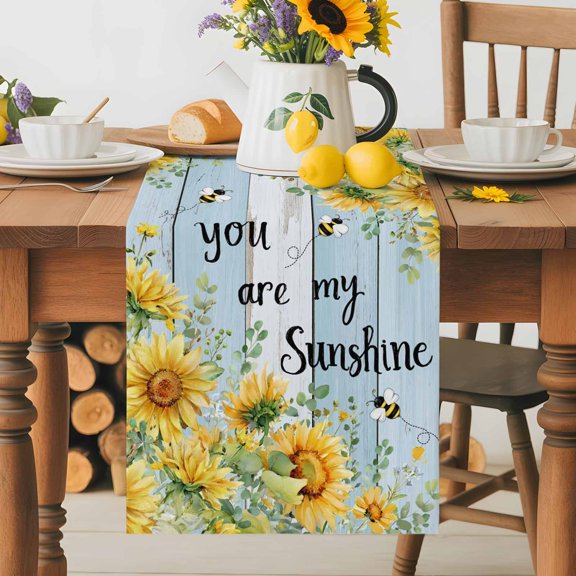 Burlap Table Runner 36 Inches Long, You Are My Sunshine Words on Board Non-Slip Kitchen Table Runners for Dining Room Everyday Use Party Table Decorations Farm Sunflowers