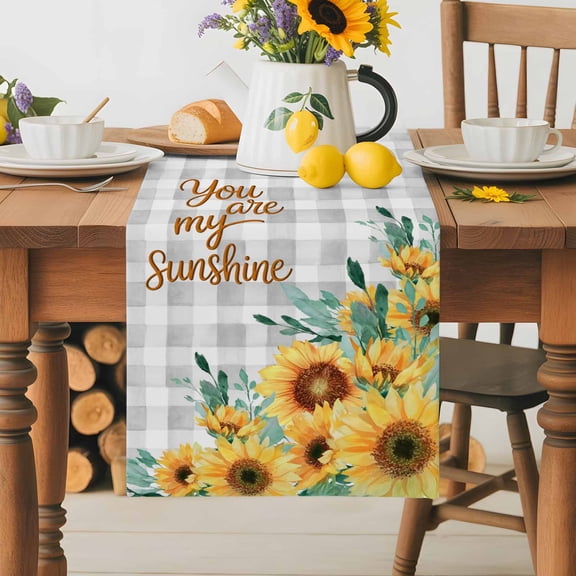 Burlap Table Runner 36 Inches Long, You Are My Sunshine Words on Gray Plaid Non-Slip Kitchen Table Runners for Dining Room Everyday Use Party Table Decorations Farm Sunflowers