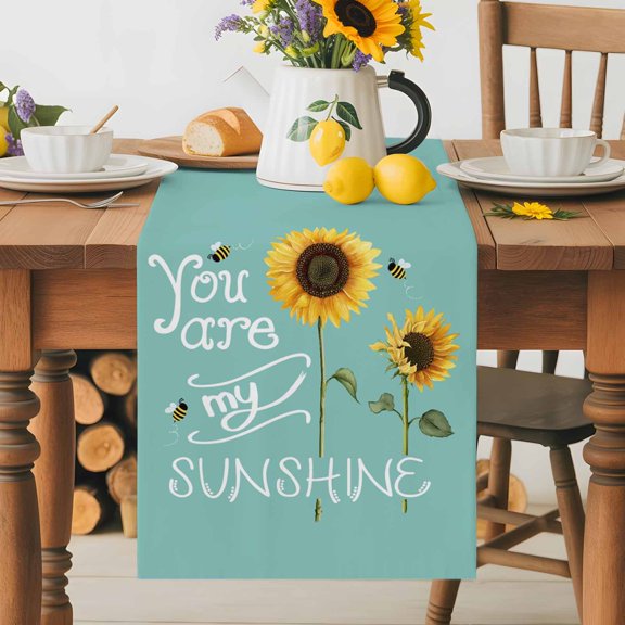 Burlap Table Runner 36 Inches Long, You Are My Sunshine Words on Green Non-Slip Kitchen Table Runners for Dining Room Everyday Use Party Table Decorations Country Sunflowers Bee
