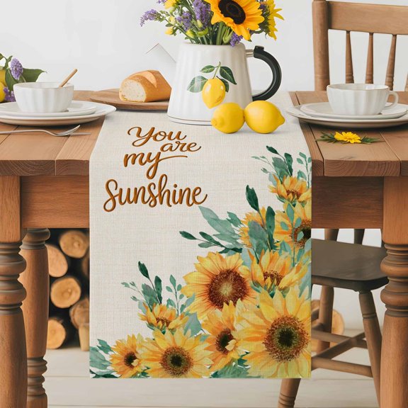 Burlap Table Runner 36 Inches Long, You Are My Sunshine Words on Linen Non-Slip Kitchen Table Runners for Dining Room Everyday Use Party Table Decorations Farm Sunflowers