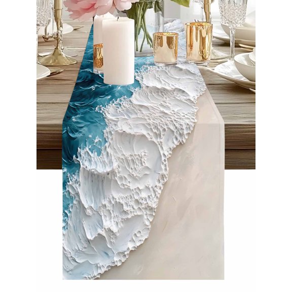 Burlap Table Runner 48 Inches Long, Abstract Beach Sea Wave Scene Non-Slip Kitchen Table Runners for Dining Room Everyday Use Party Table Decorations Modern Marine Oil Painting Art