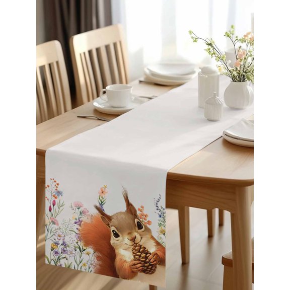 Burlap Table Runner 48 Inches Long, Abstract Country Herb Squirrel Non-Slip Kitchen Table Runners for Dining Room Everyday Use Party Table Decorations Cute Animal Plant