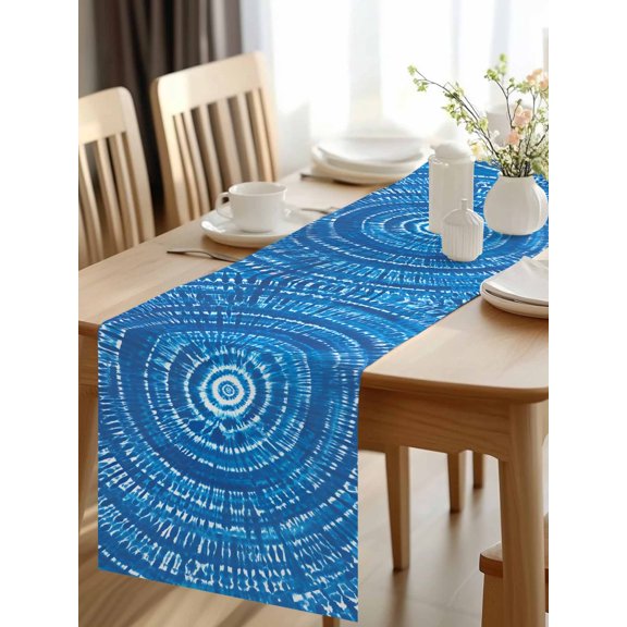 Burlap Table Runner 48 Inches Long, Abstract Ethnic Blue Tie-Dye Art Non-Slip Kitchen Table Runners for Dining Room Everyday Use Party Table Decorations Watercolor Dyeing Texture