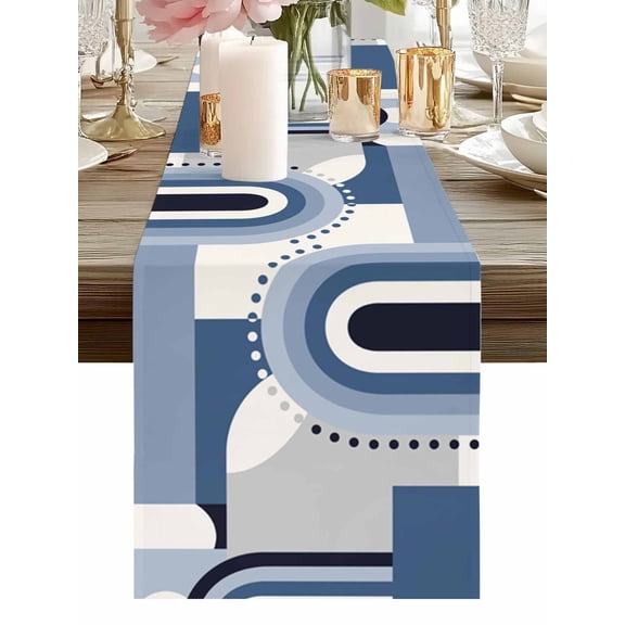 Burlap Table Runner 48 Inches Long, Abstract Geometric Mid Century Half Circle Non-Slip Kitchen Table Runners for Dining Room Everyday Use Party Table Decorations Blue Gradient Stripes