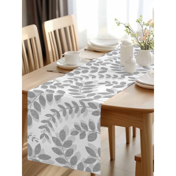 Burlap Table Runner 48 Inches Long, Abstract Gray Leaves Silhouette Non-Slip Kitchen Table Runners for Dining Room Everyday Use Party Table Decorations Rustic Foliage Leaf Texture