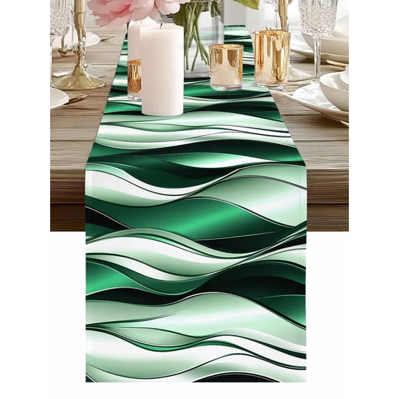 Burlap Table Runner 48 Inches Long, Abstract Green White Wavy Line Non-Slip Kitchen Table Runners for Dining Room Everyday Use Party Table Decorations Ombre Stripe Seamless