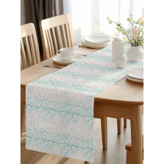 Burlap Table Runner 48 Inches Long, Abstract Teal Grey Tree Branch Non-Slip Kitchen Table Runners for Dining Room Everyday Use Party Table Decorations Seamless Plant Twig