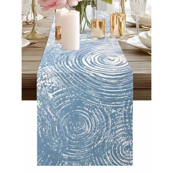 Burlap Table Runner 48 Inches Long, Abstract Water Ripple Non-Slip Kitchen Table Runners for Dining Room Everyday Use Party Table Decorations Modern Blue Circle Minimalist Style