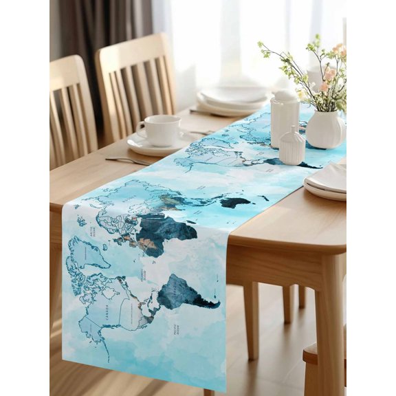 Burlap Table Runner 48 Inches Long, Abstract World Map Non-Slip Kitchen Table Runners for Dining Room Everyday Use Party Table Decorations Teal Blue Gradient